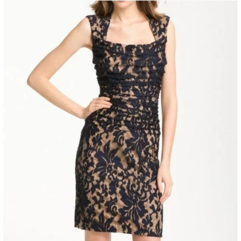 Tadashi Shoji Dress Cocktail Lace Overlay Black Nude Square Neck NWT - Size 6